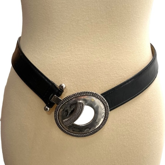 Black Leather Belt with Silver Buckle - Picture 3 of 10